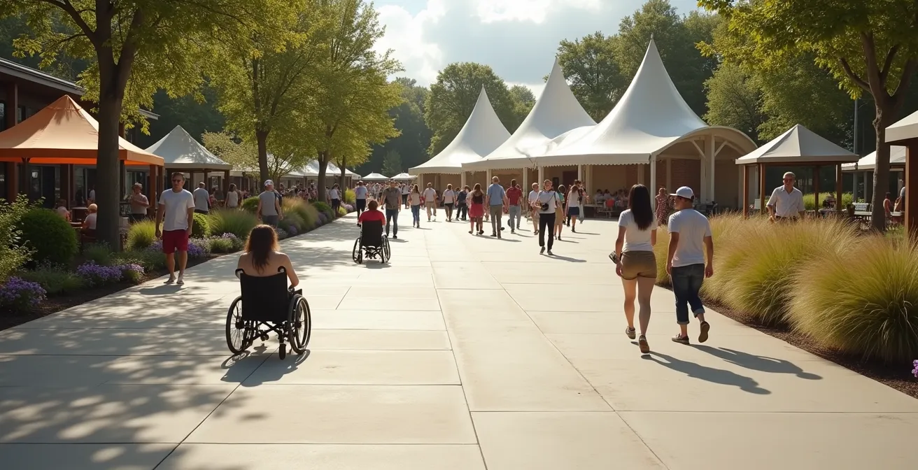 Wide accessible pathway through festival grounds with smooth pavement and clear navigation