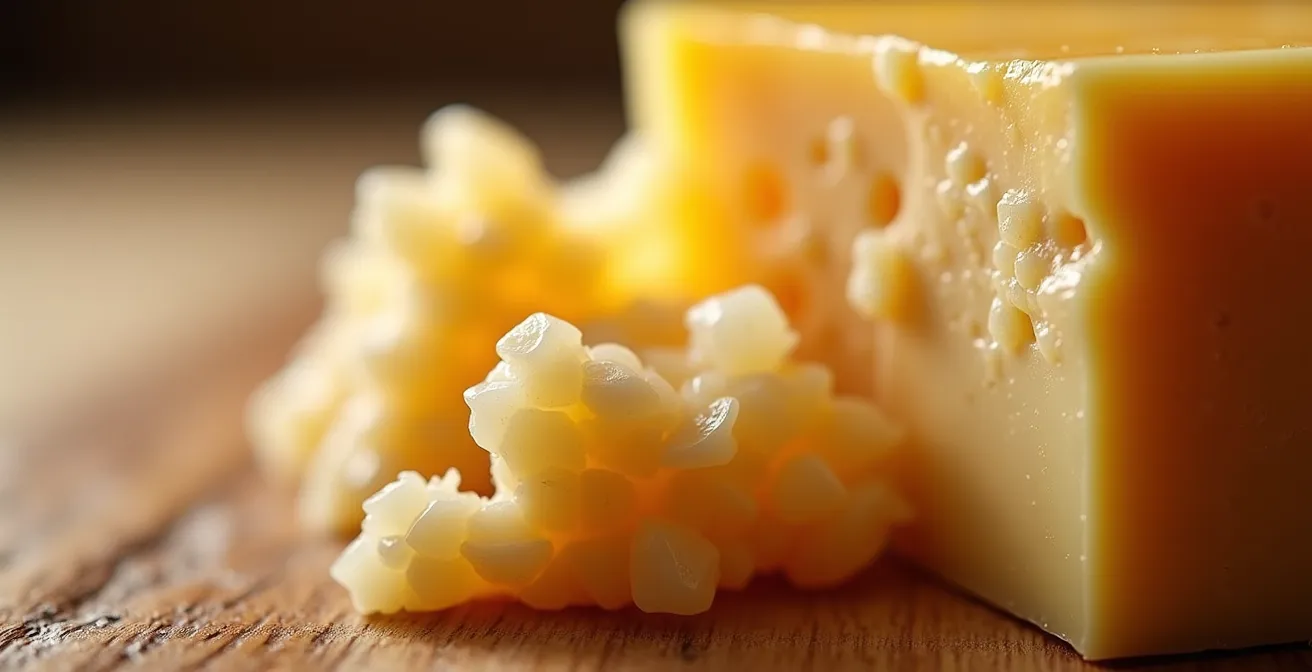 Extreme close-up of aged Quebec cheese wheel showing crystalline texture and natural rind