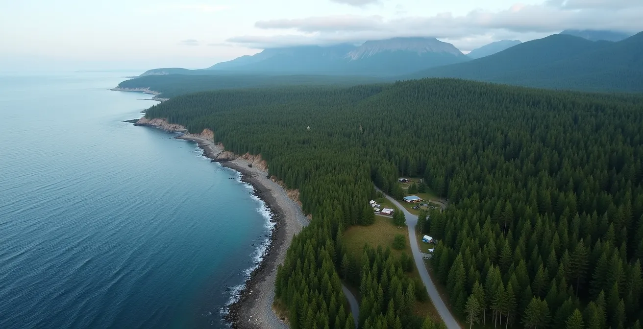Aerial view of hidden camping spots along Gaspésie coastline