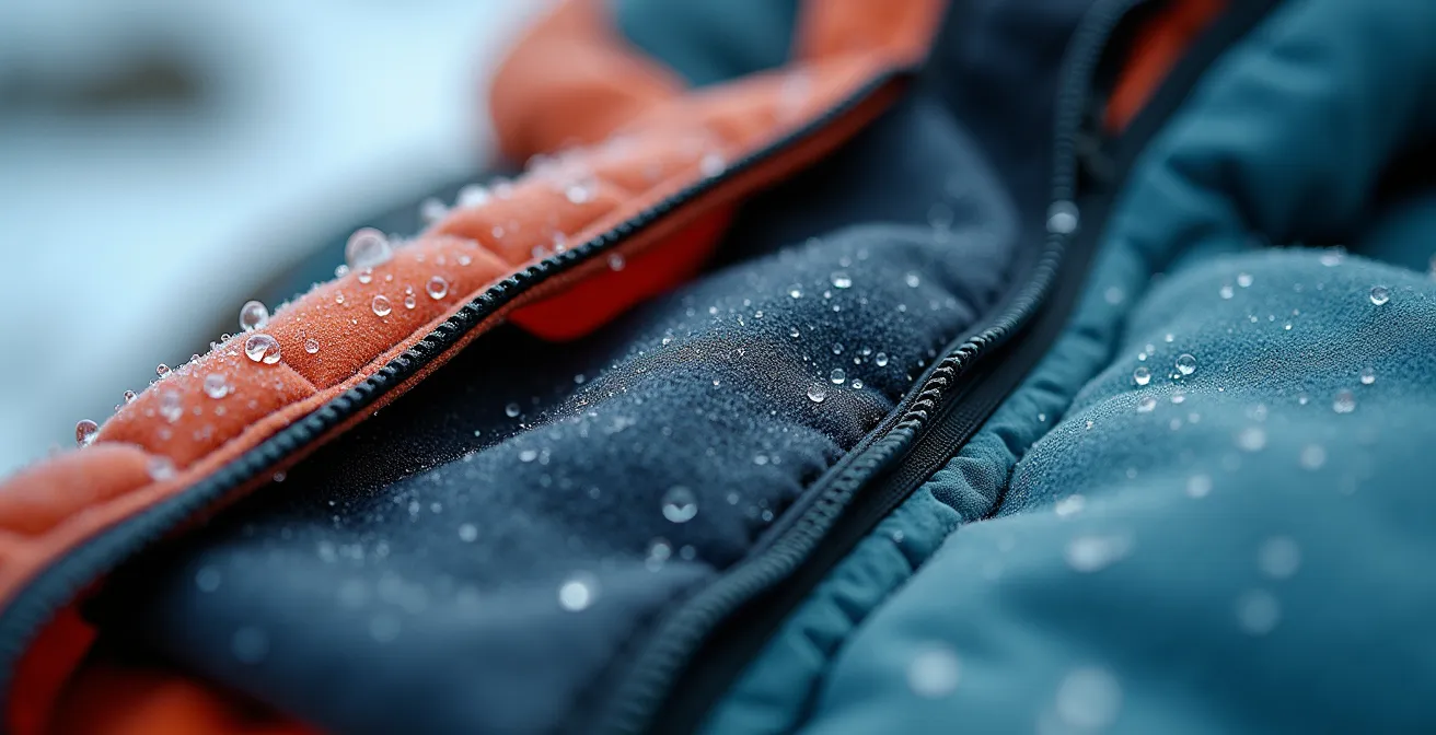 Close-up macro shot of layered arctic clothing materials showing technical fabric textures and waterproof zippers