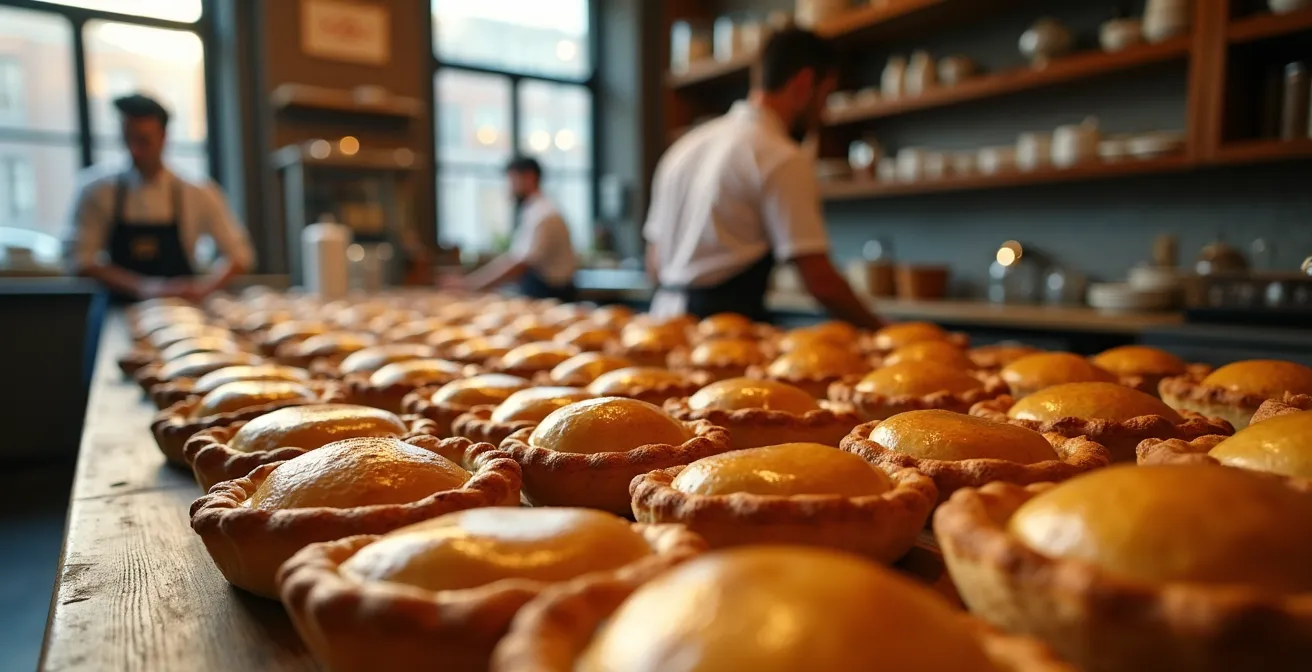 Artisanal tourtière display at a Montreal bakery showing golden crusts
