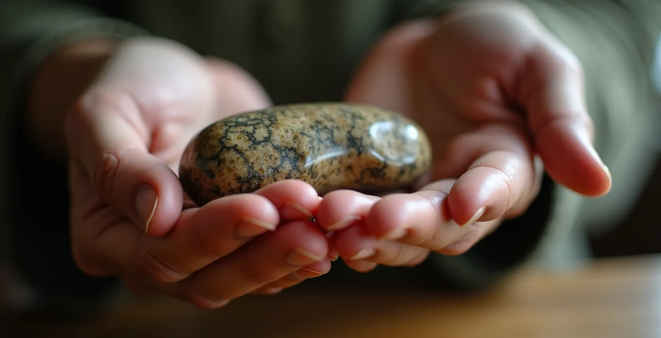Macro close-up of an authentic Igloo Tag on handcrafted Inuit sculpture showing intricate details