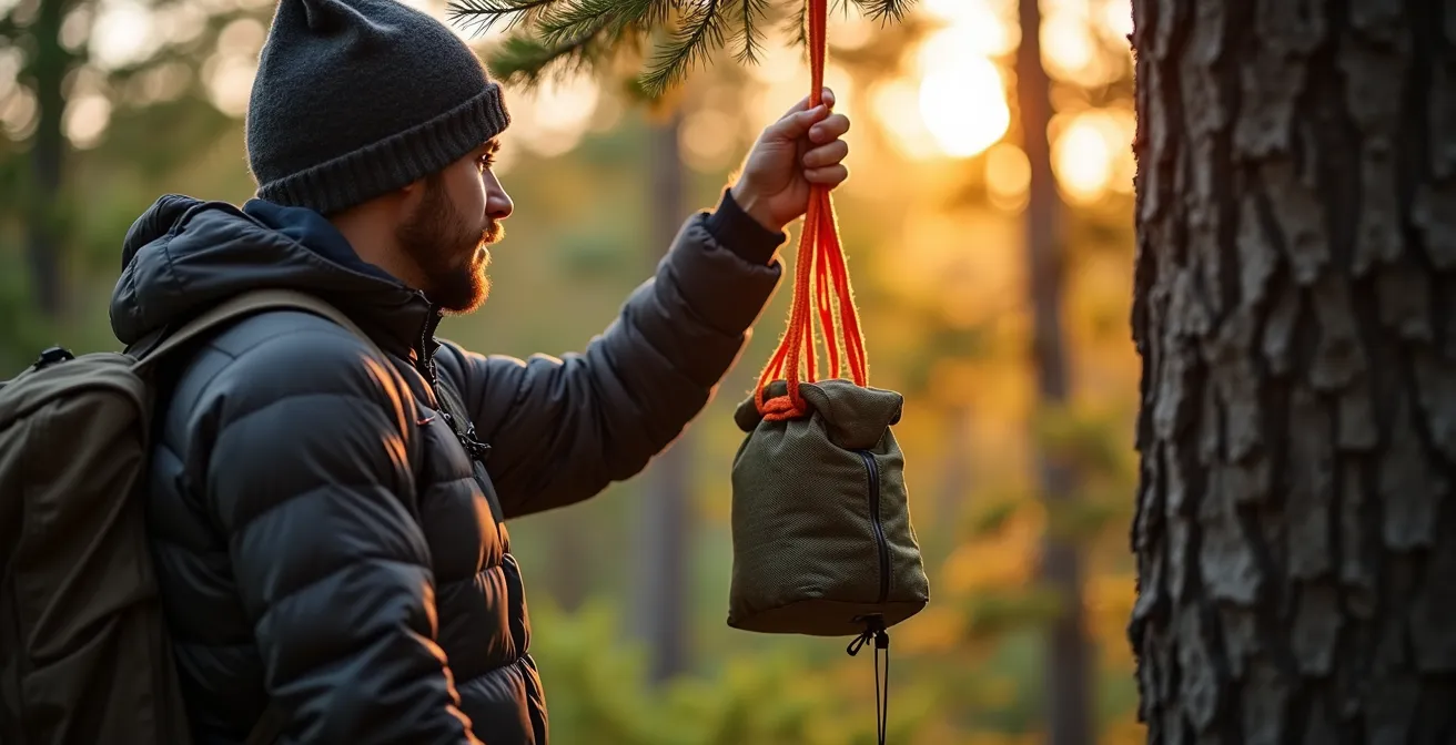 A hiker setting up a bear-proof food hanging system between two trees in the Quebec boreal forest at dusk.