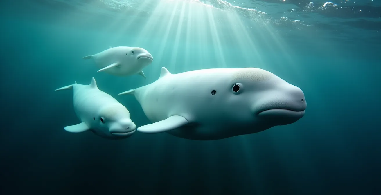 Underwater perspective of beluga whales swimming peacefully in the St. Lawrence River