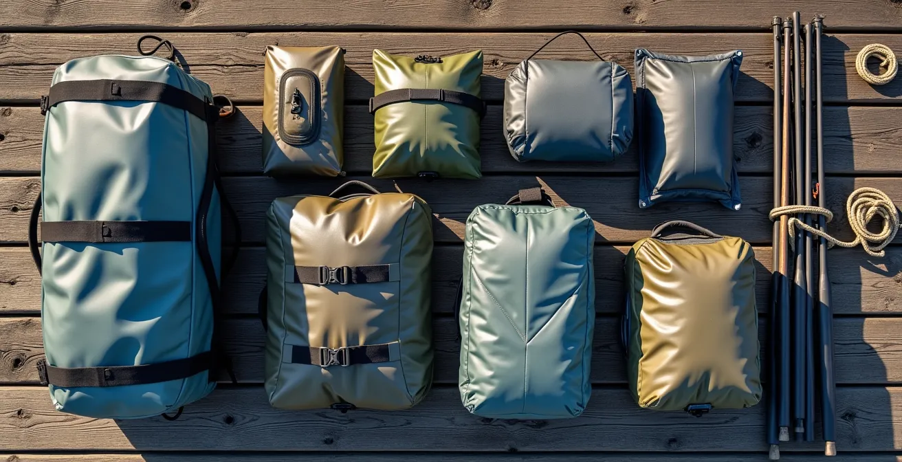 Overhead view of carefully organized hunting and fishing gear laid out on wooden dock next to floatplane