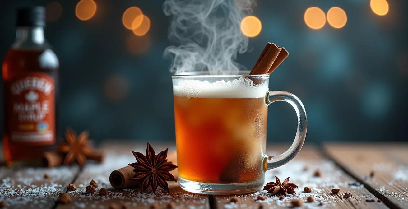 Steaming hot Caribou drink in traditional Quebec Winter Carnival setting with maple and spices