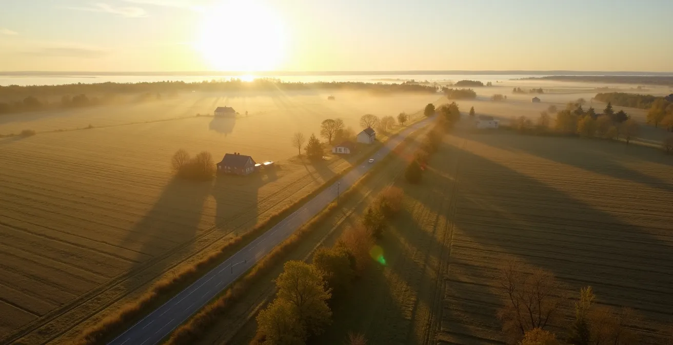 Aerial view of historic Chemin du Roy showing long narrow seigneurial farm fields stretching to St. Lawrence River