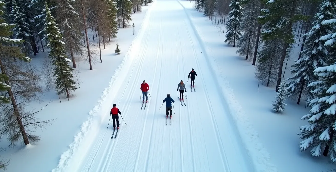 Overhead view of groomed cross-country ski trail showing proper passing technique