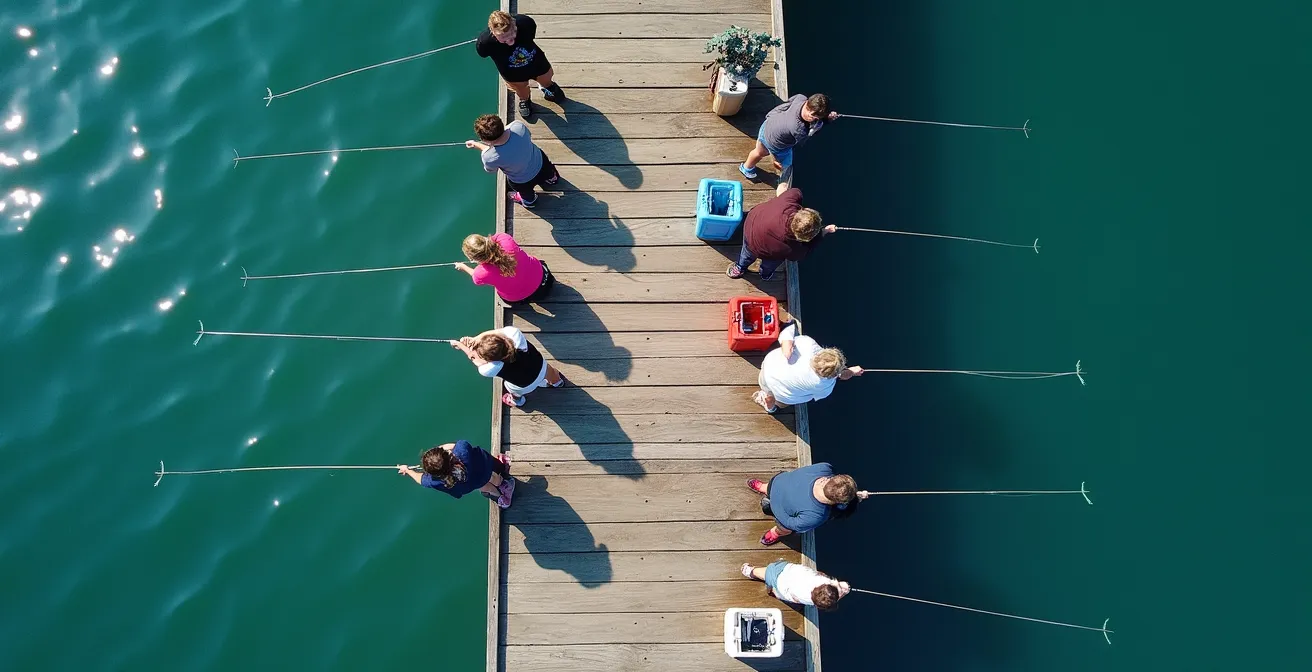 Wide angle view of anglers properly spaced along a Quebec fishing wharf