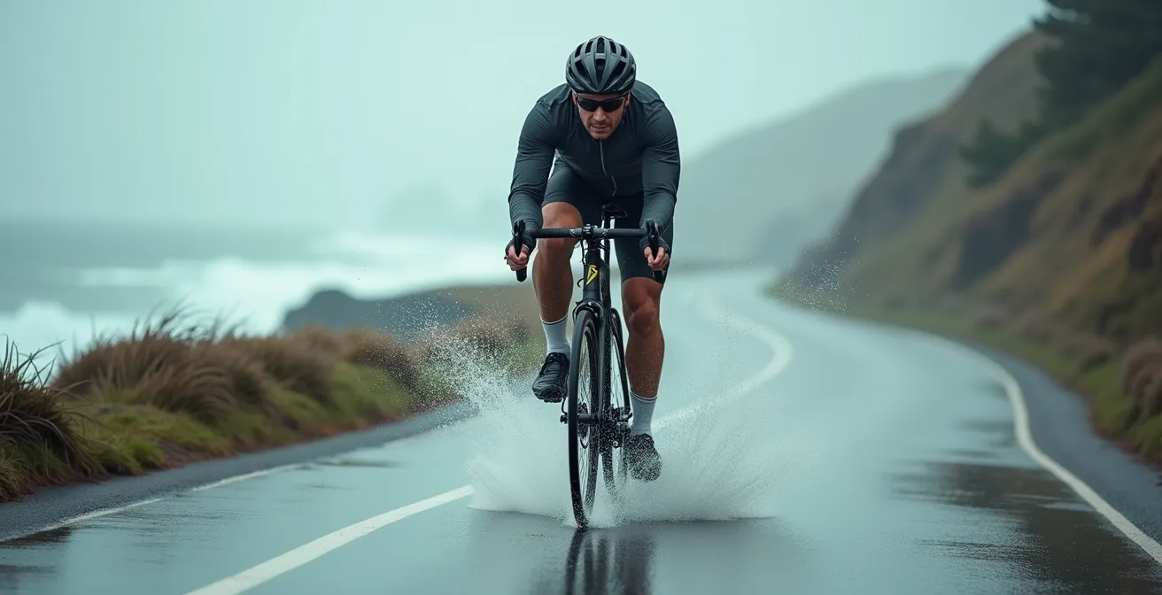Cyclist leaning forward against strong coastal wind along Route 132