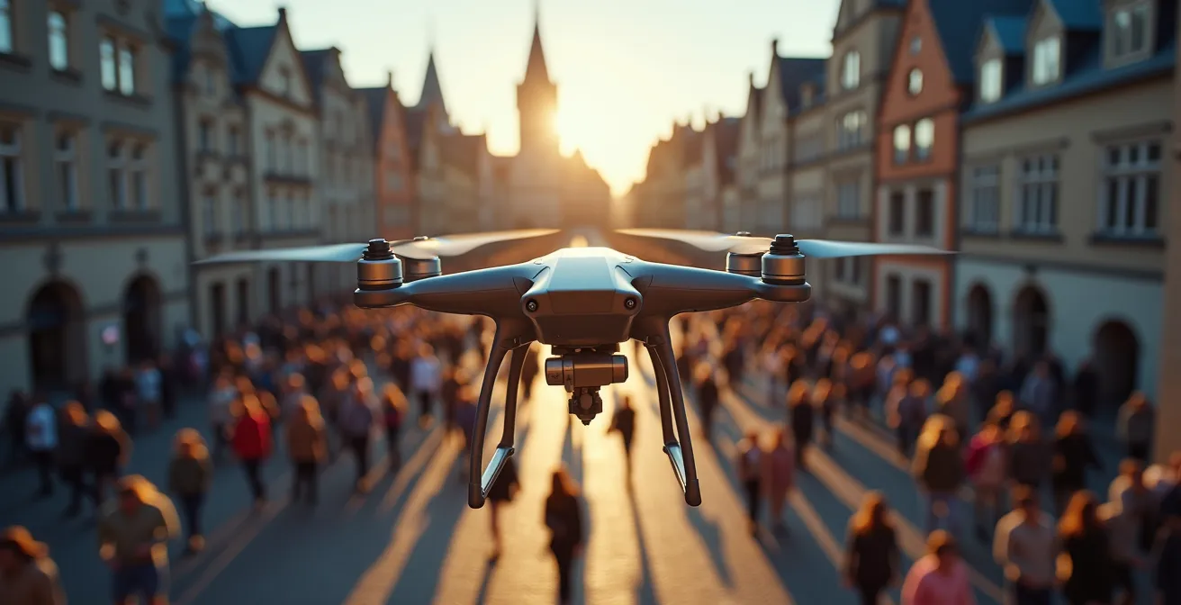 Wide aerial perspective of Old Quebec during a festival with crowds shown as abstract patterns below