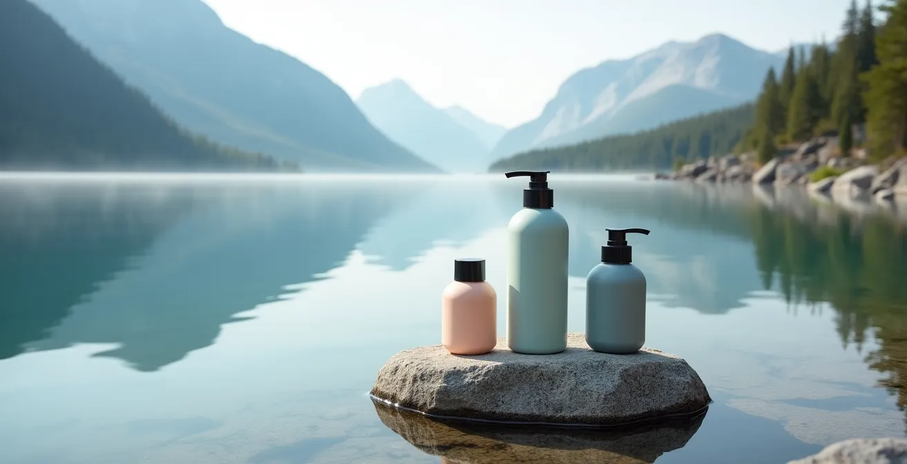 Minimalist arrangement of eco-friendly toiletries beside crystal clear Quebec lake with mountain reflections