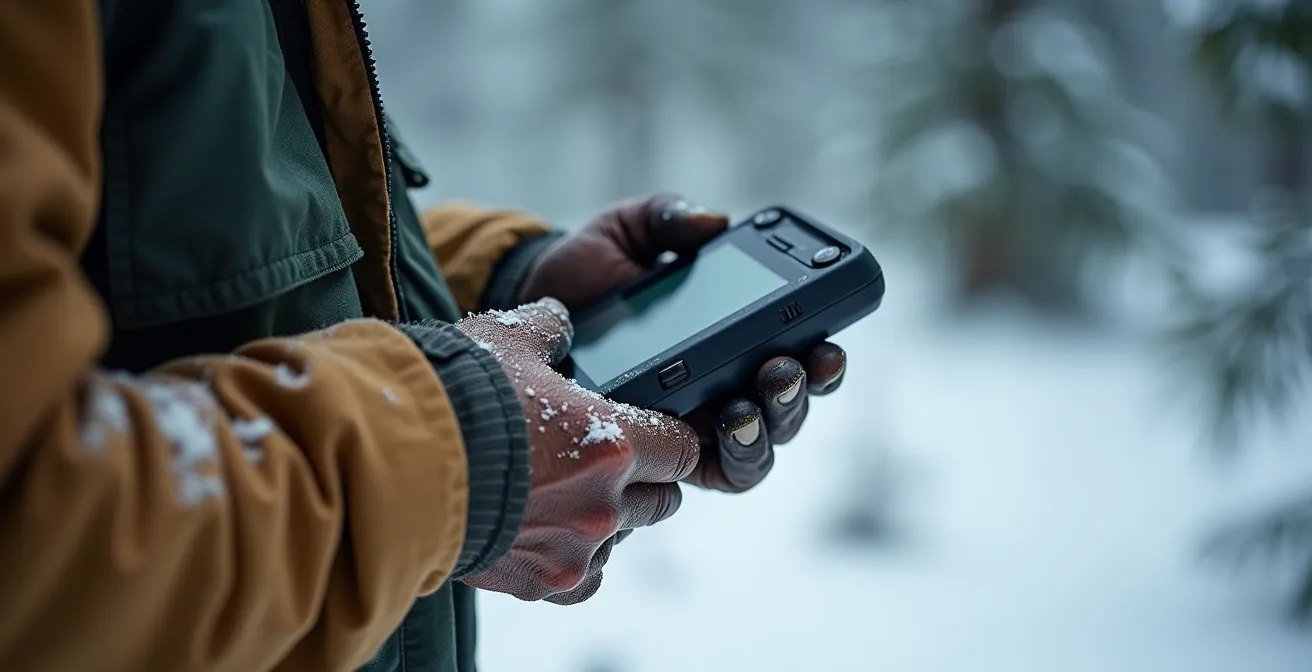 Hands holding a satellite emergency communicator device in a snowy Quebec forest setting