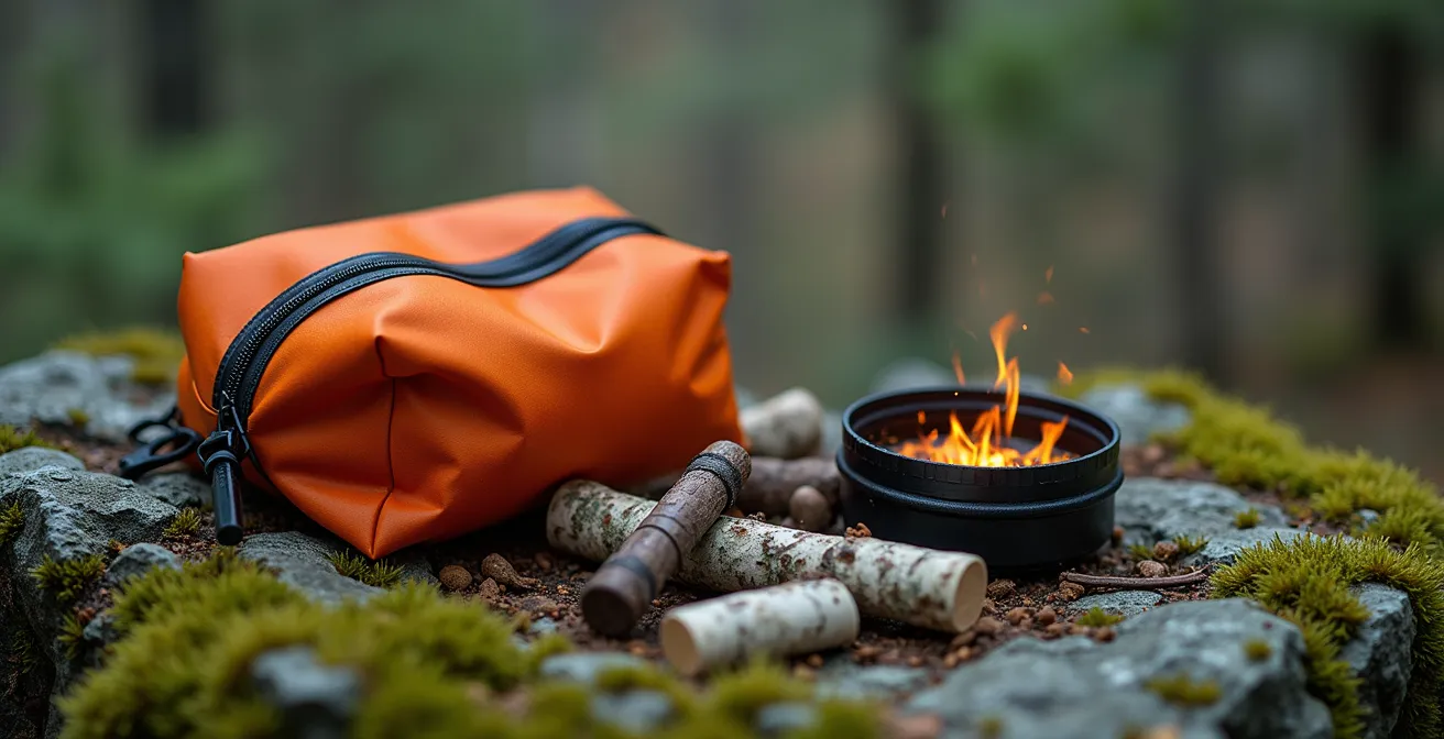 Emergency survival kit laid out on a moss-covered rock in the boreal forest