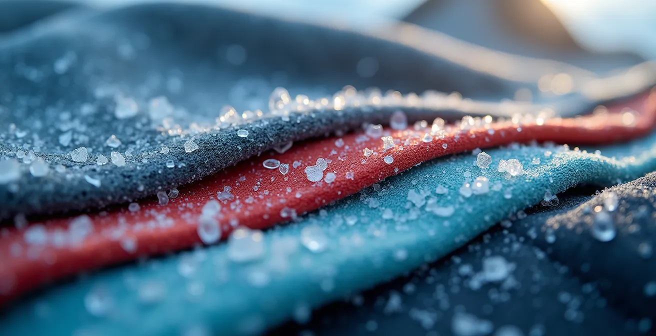 Close-up macro shot of layered winter ski clothing showing technical fabric textures