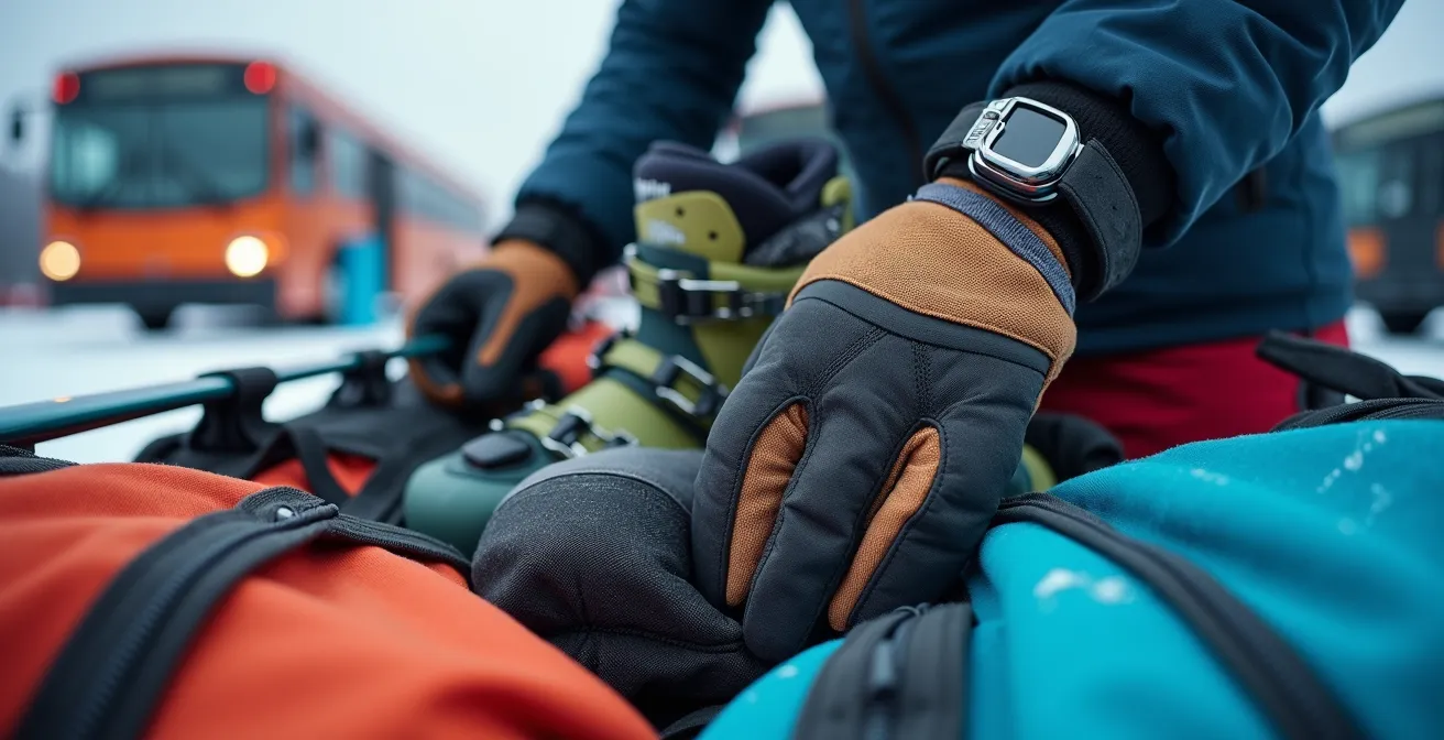 Family organizing ski equipment near shuttle bus in snowy parking area