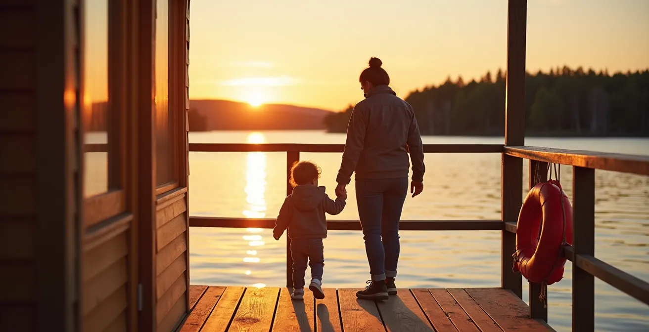 Secure floating cabin with safety railings on a calm Quebec lake at golden hour