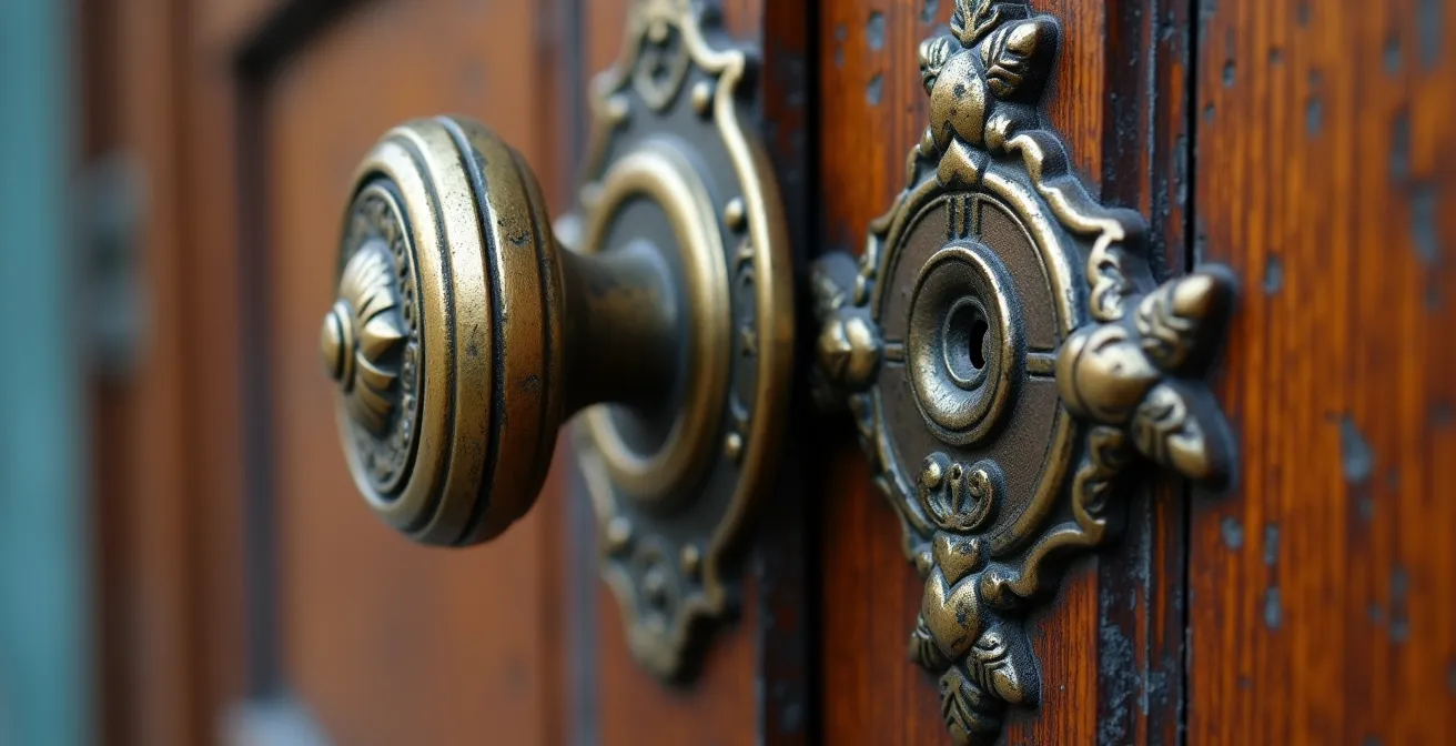 Macro shot of aged wood grain and brass details on the historic Haskell Library door hardware, showing patina and craftsmanship