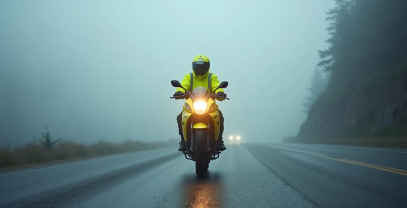 Motorcyclist wearing bright yellow rain gear riding through dense fog on coastal fjord route