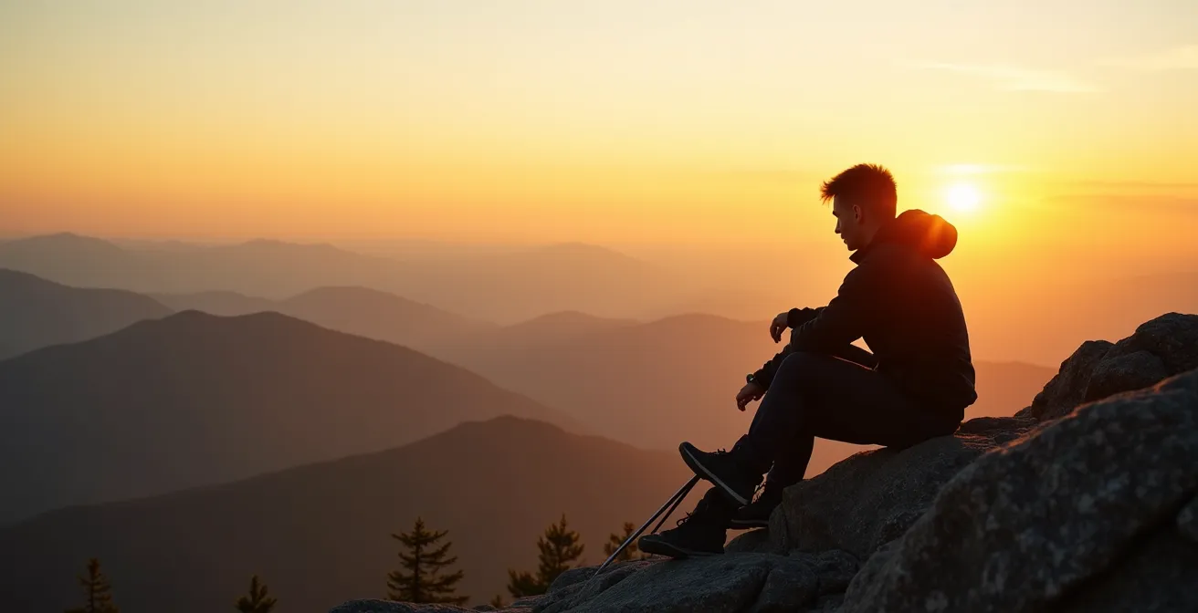Silhouette of a tired hiker at the Mont-Tremblant summit during golden hour, contemplating the difficult descent.