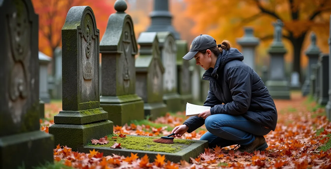 Researcher examining old French-Canadian tombstones in a historic Quebec cemetery with autumn foliage