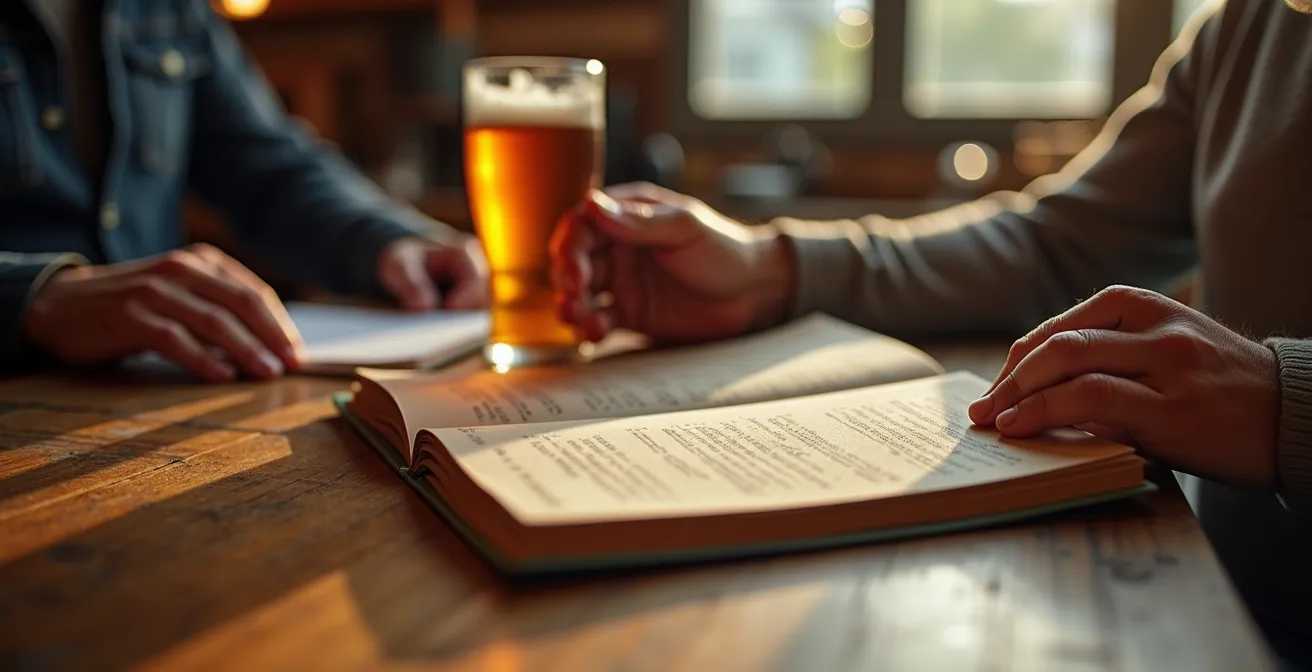 Close-up of hands holding an open beer passport being stamped at a rustic brewery counter