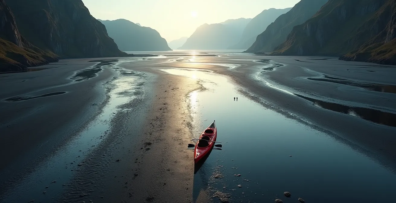 Aerial view showing exposed mud flats and stranded kayak at low tide in Saguenay Fjord