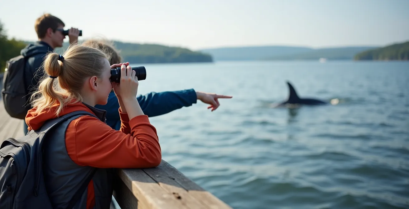 Visitors observing minke whales from Cap-de-Bon-Désir observation platform with St. Lawrence River panorama