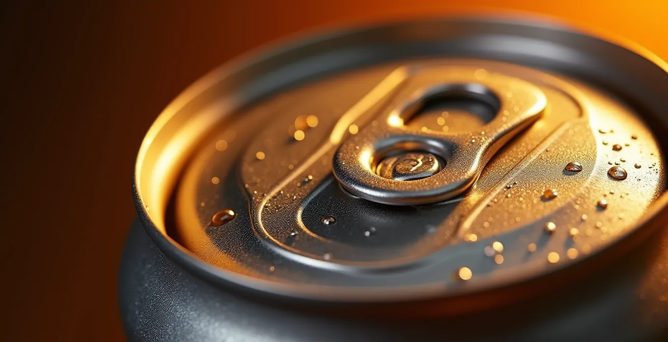 Extreme close-up of aluminum crowler can surface showing metallic texture and sealing mechanism