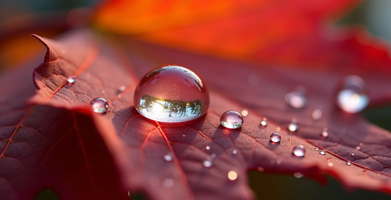 Extreme close-up of water droplets on a maple leaf surface, symbolizing the importance of natural hydration.