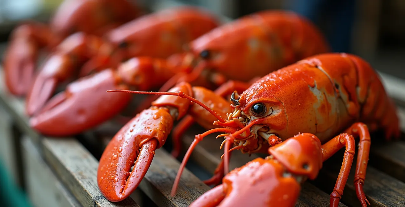 Fresh lobster and seafood display at Cap-aux-Meules wharf market