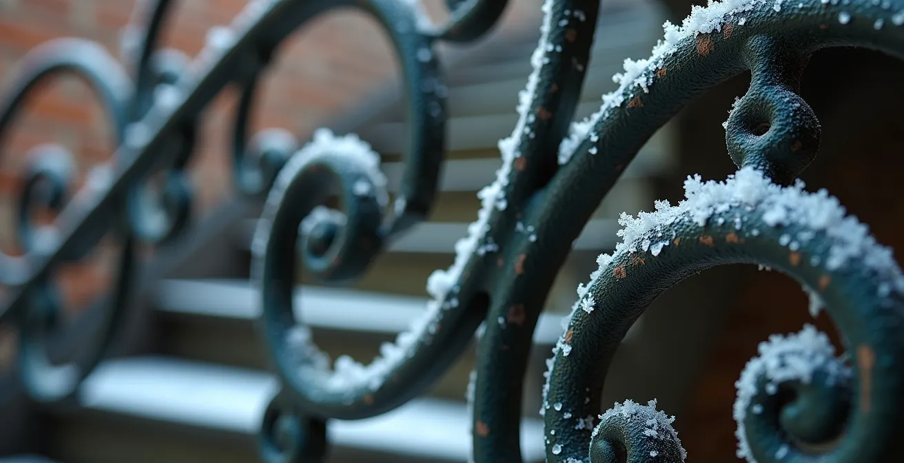 Close-up detail of ornate Victorian-era wrought iron spiral staircase with frost patterns in winter light