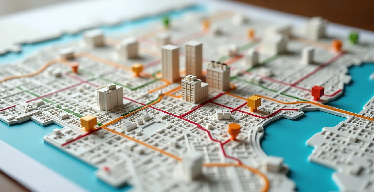 Strategic hotel booking zones around Montreal metro stations with price indicators