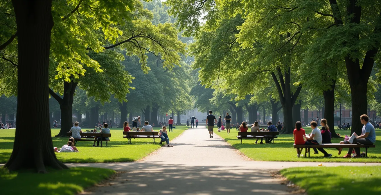 Beautiful Montreal public park with people enjoying outdoor activities on a sunny day