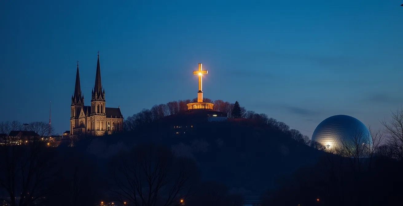 Montreal skyline at dusk showing Mount Royal Cross illuminated with Notre-Dame Basilica and Biosphere visible in the urban landscape