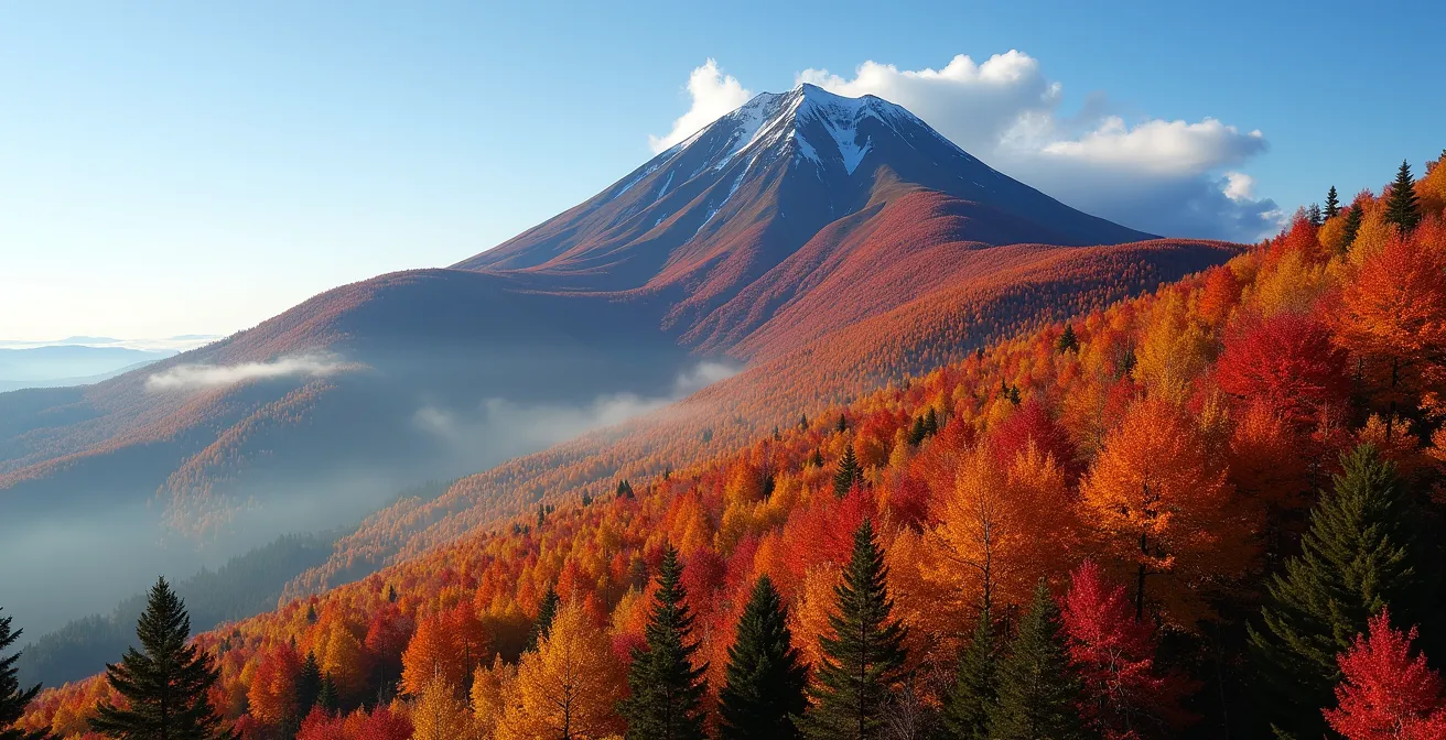 Cross-section view of a Quebec mountain showing the color gradient from red peaks to green valleys