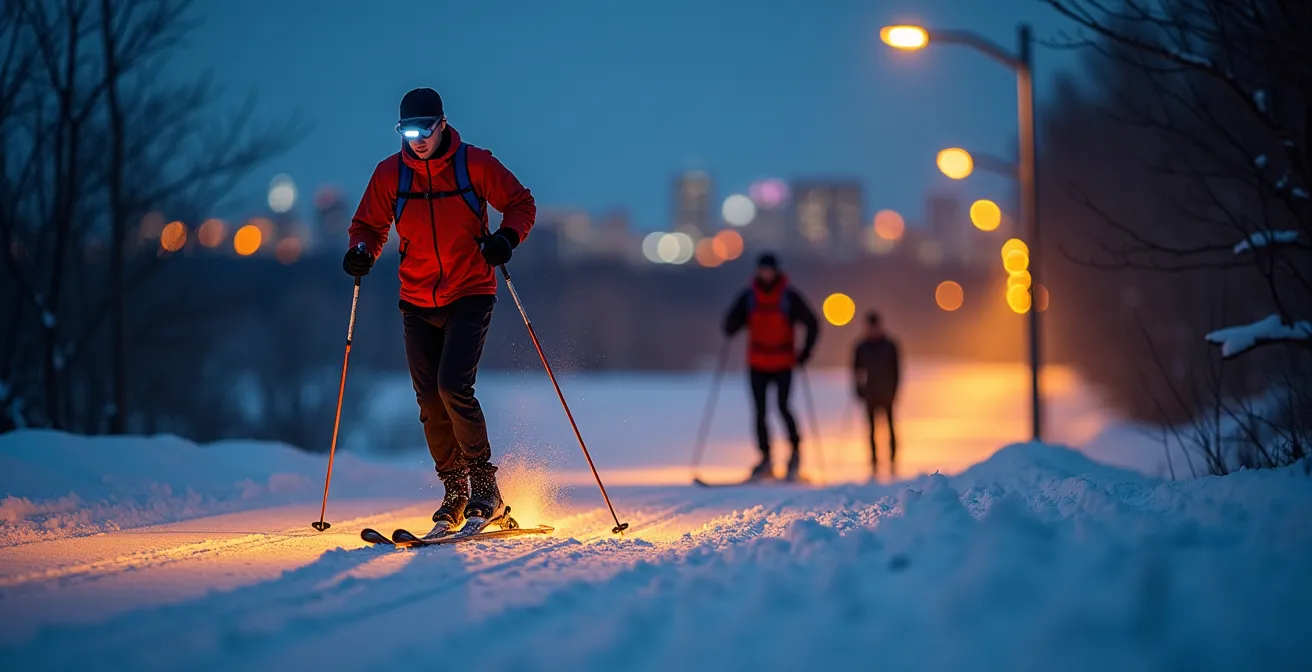Cross-country skiers on illuminated trail at dusk with city lights in background