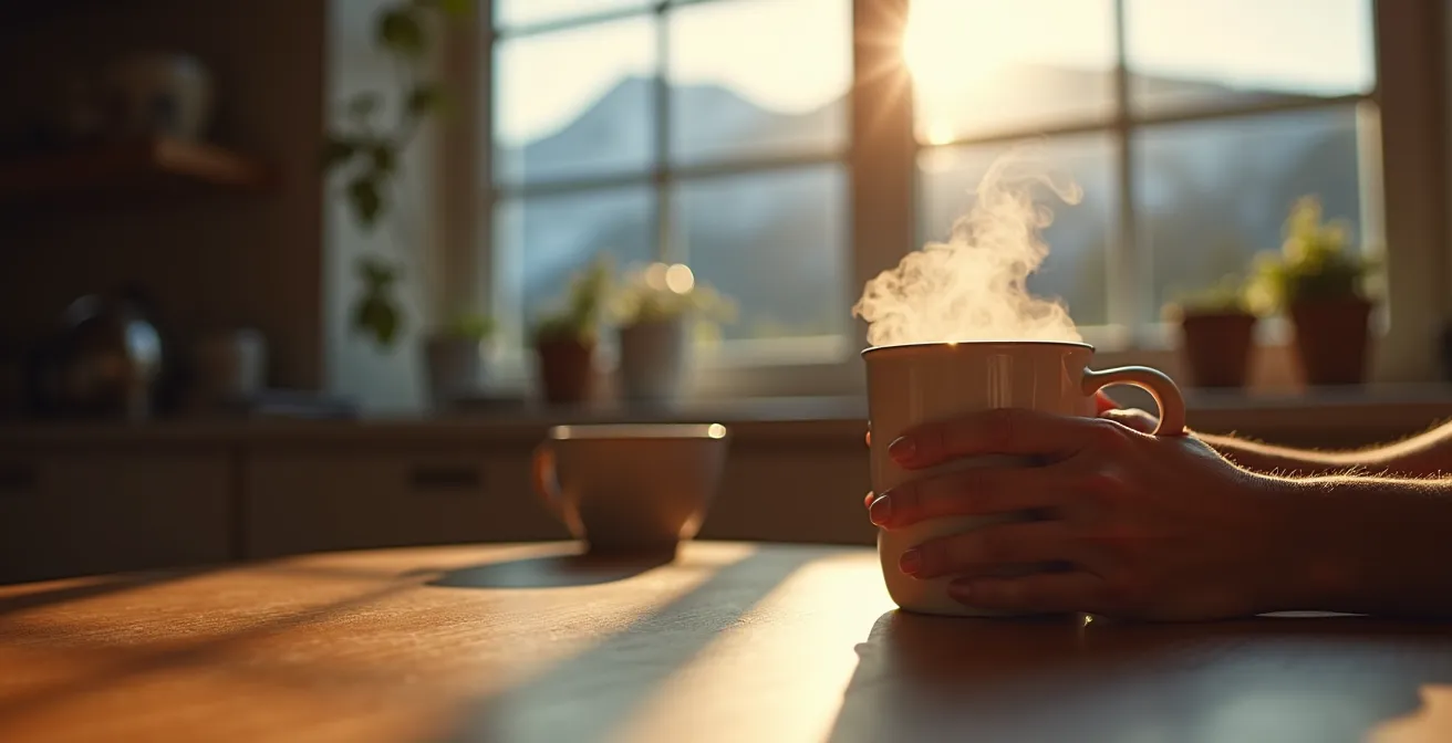 Hands holding a coffee mug at sunrise with a mountain park vista visible through the window, symbolizing the morning booking ritual.