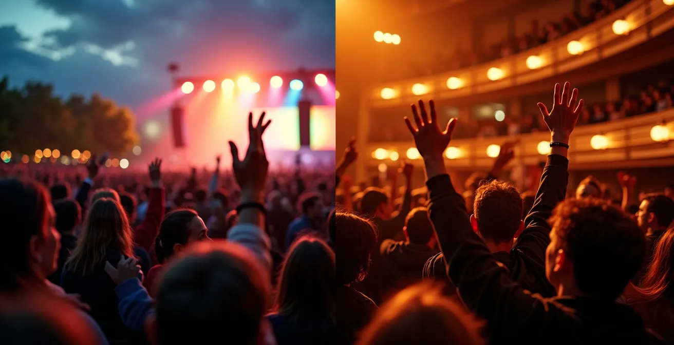 Split scene showing outdoor festival energy versus intimate indoor concert hall atmosphere