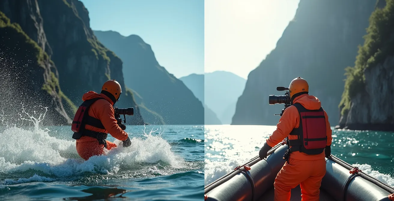 Split view showing photographer on zodiac versus cruise ship deck in Saguenay Fjord