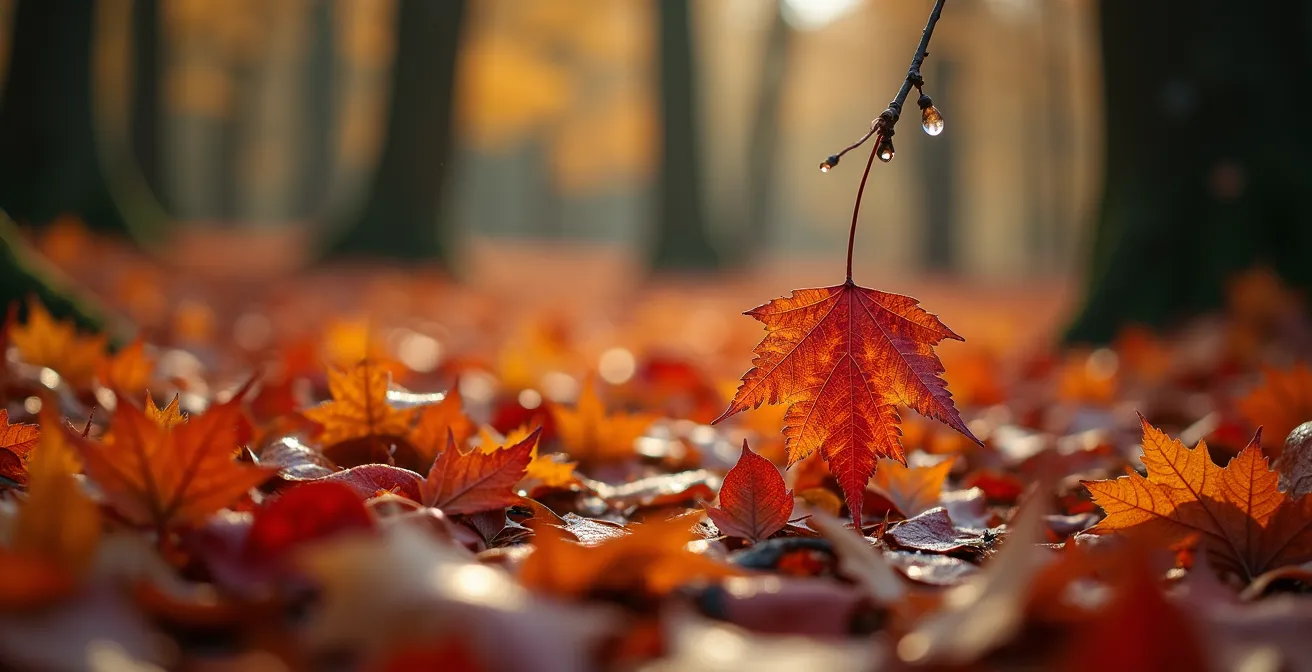 Forest floor covered in vibrant wet maple leaves after an autumn storm