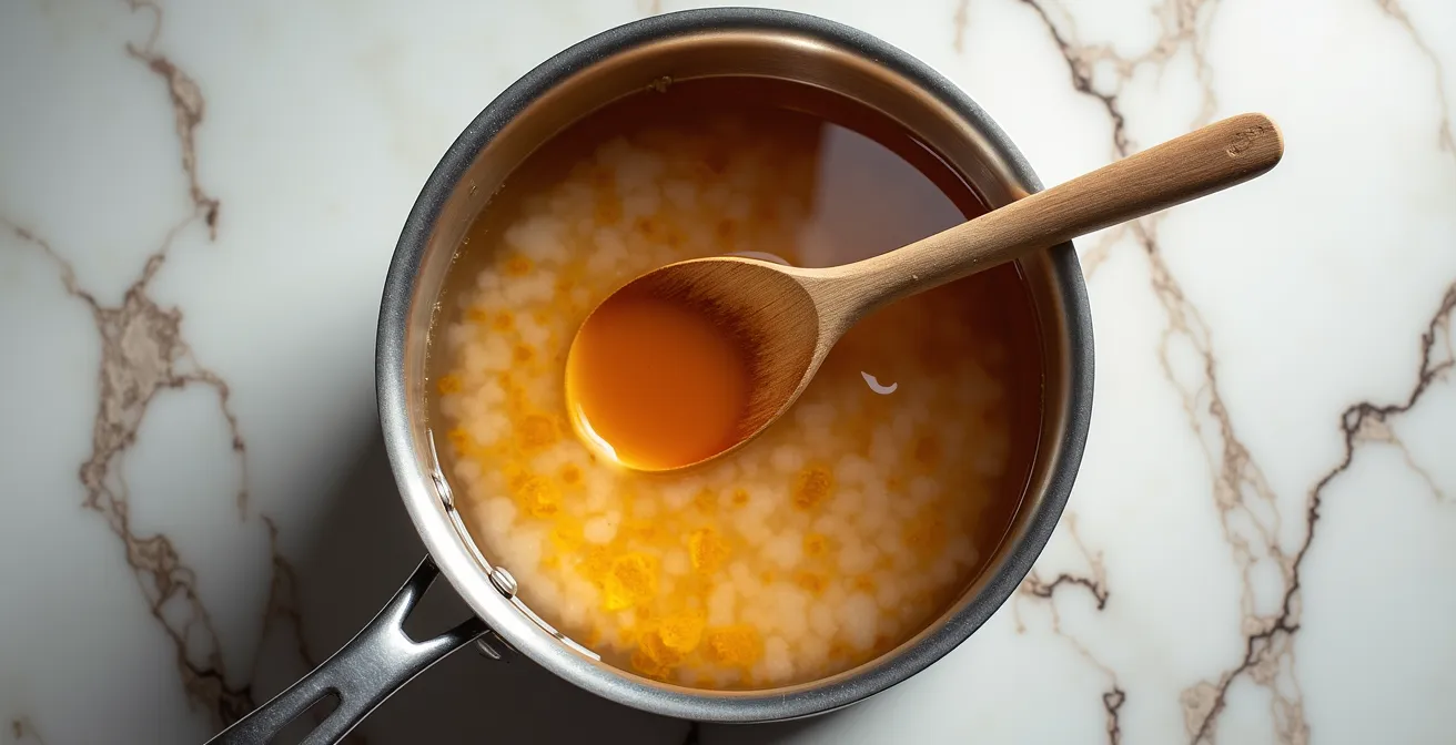 Stainless steel pot filled with hot water dissolving amber maple residue