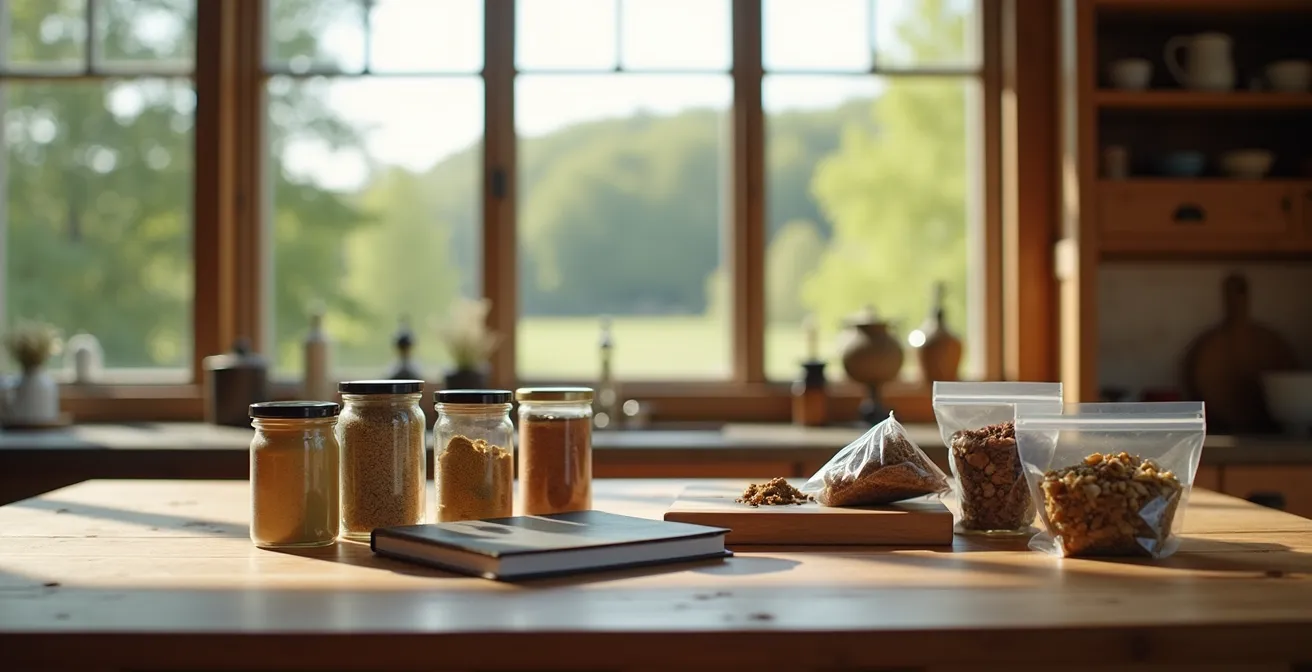 Wide shot of Quebec culinary souvenirs arranged on rustic table including maple products and crafts
