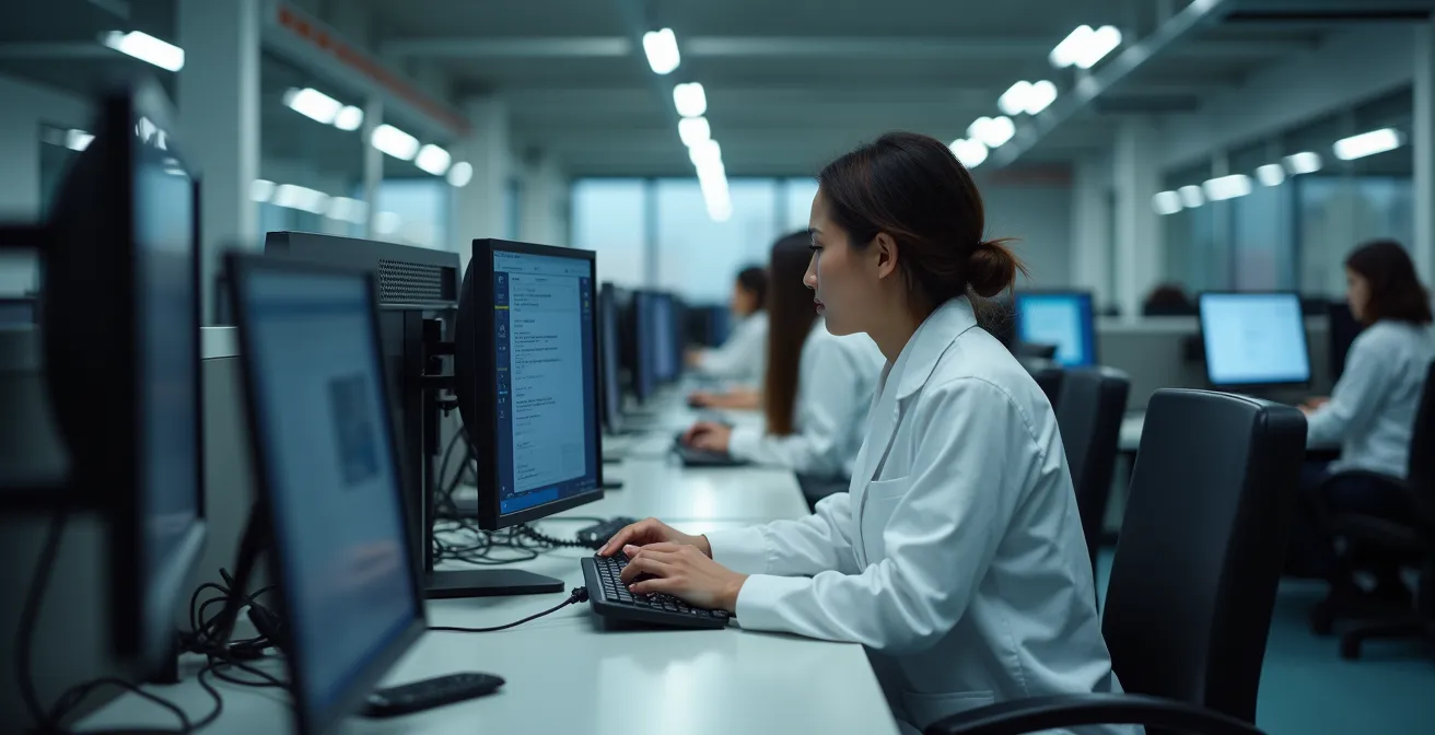 Genealogist examining microfilm reader in modern Quebec archive center with rows of research stations