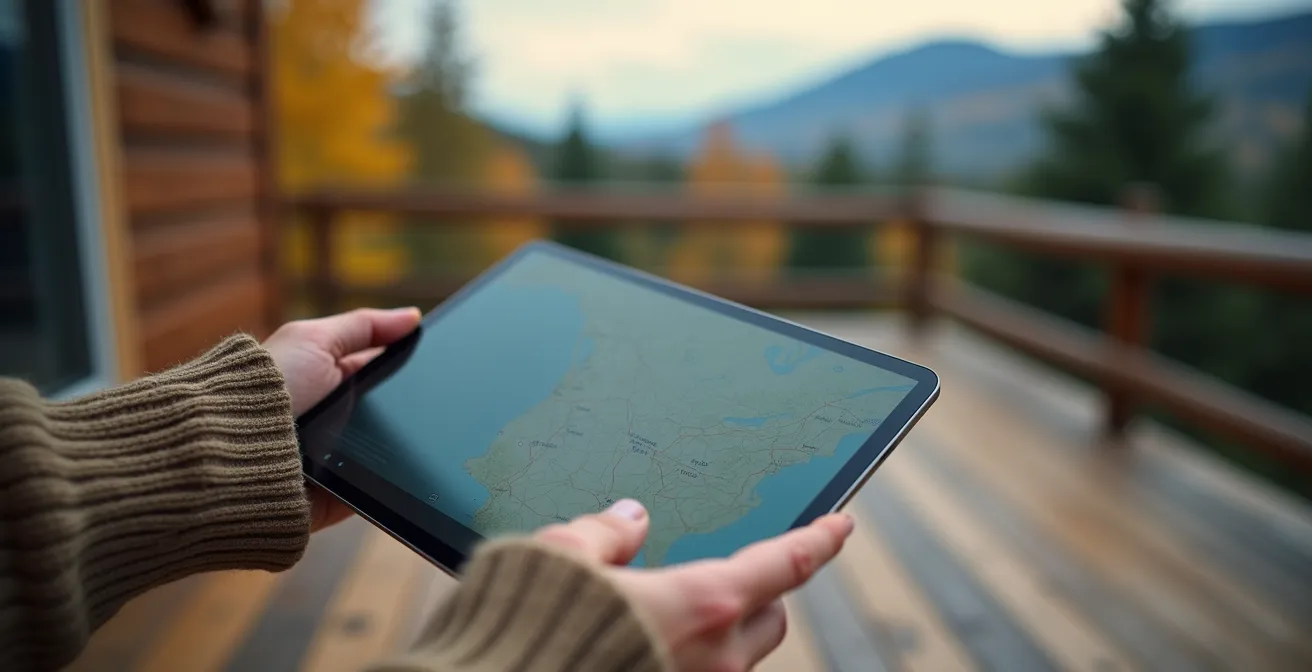 Person researching local bylaws on tablet while sitting on chalet deck overlooking Quebec forest