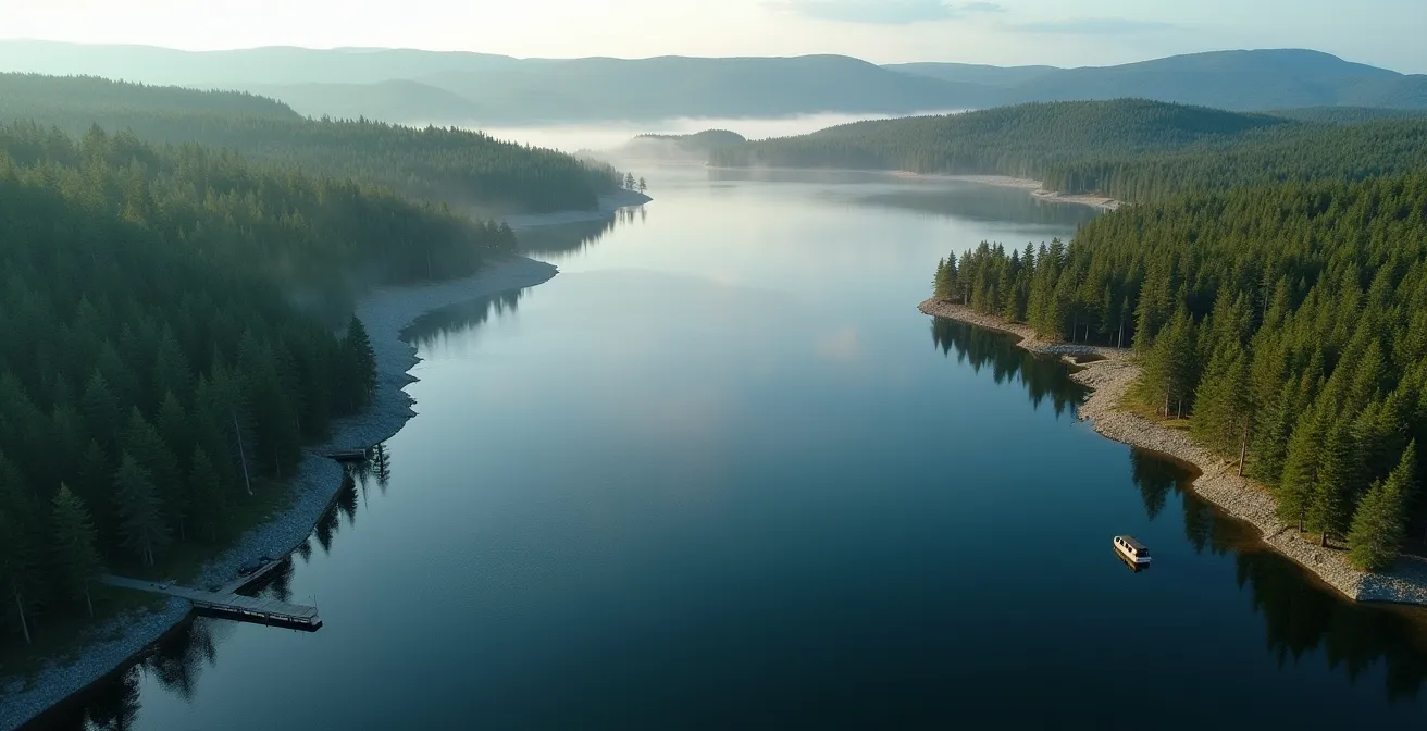 Aerial view of a Quebec lake showing public access points and forested Crown Land
