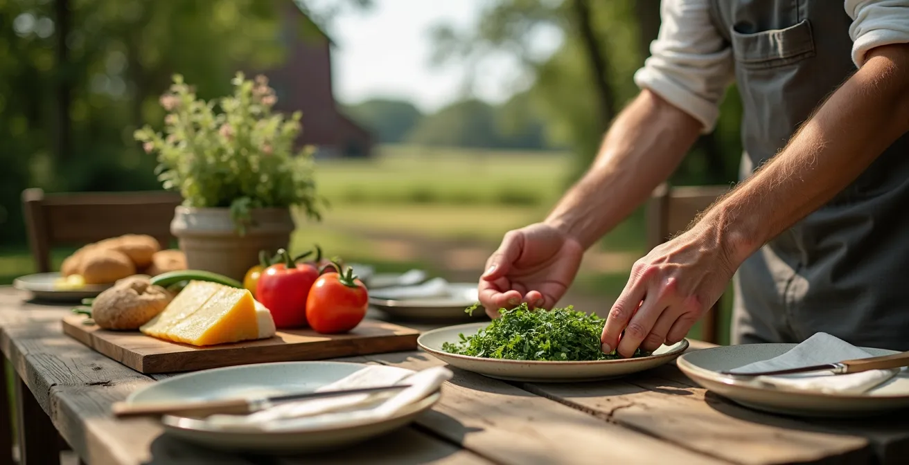 Outdoor farm table setting with local produce and cheese platters during golden hour