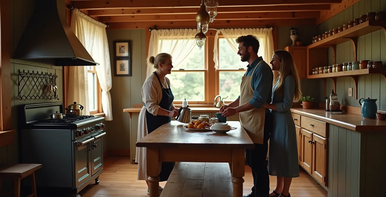 Warm morning light illuminating a traditional Quebec farmhouse kitchen with wooden beams