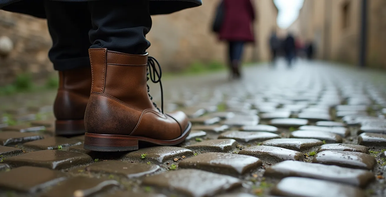 Pilgrims with backpacks walking along historic Quebec countryside path with church spire visible in distance