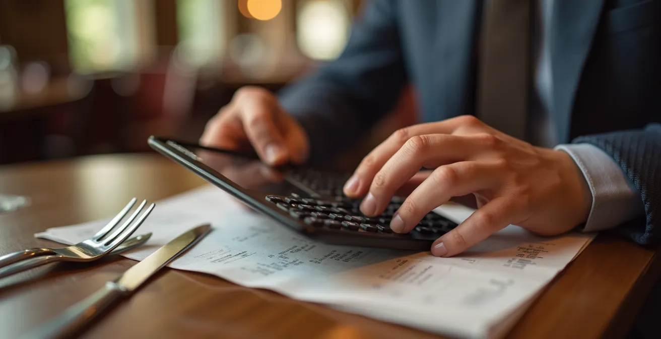 Close-up of hands calculating bill at a Quebec restaurant table